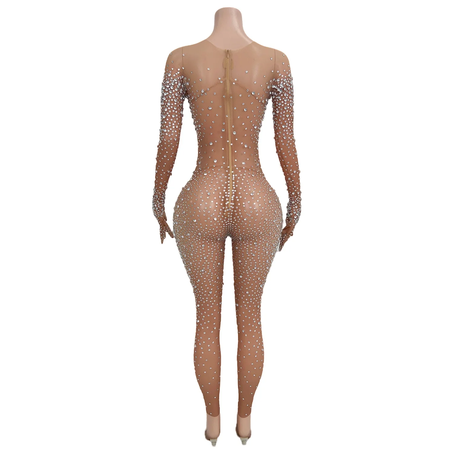 Sparkly Rhinestones Sheer Mesh Jumpsuit Gloves Women Sexy Performance Dance Costume Nightclub Stage Show Jumpsuit Tiaotiaotang