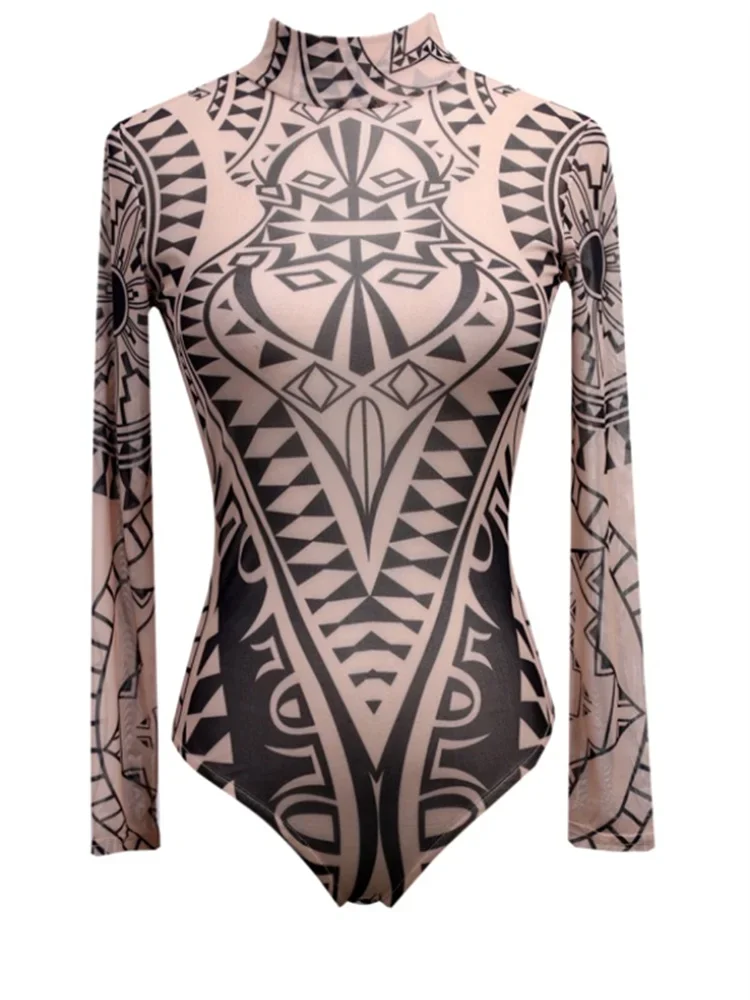 ملابس داخلية نسائية عتيقة بطبعة عرقية ، ملابس ليوتارد بأكمام طويلة ، انظر من خلال سطح الجسم ، ملابس داخلية مثيرة للنادي قمصان #1