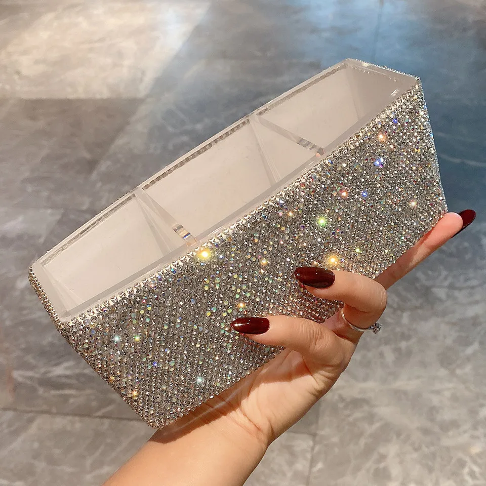 

Shiny Rhinestone Cosmetics Storage Box Acrylic 3 Grids Jewelry Organizer Diamond Shelf for Bedroom Dresser Skincare Products