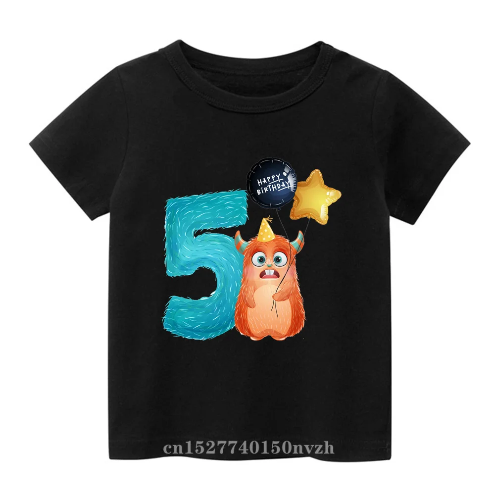 Cartoon Monster Birthday Number 1-9th Black Children T-shirt Kid Party Gift Present Clothes Baby Group Tops Tee,Drop Ship