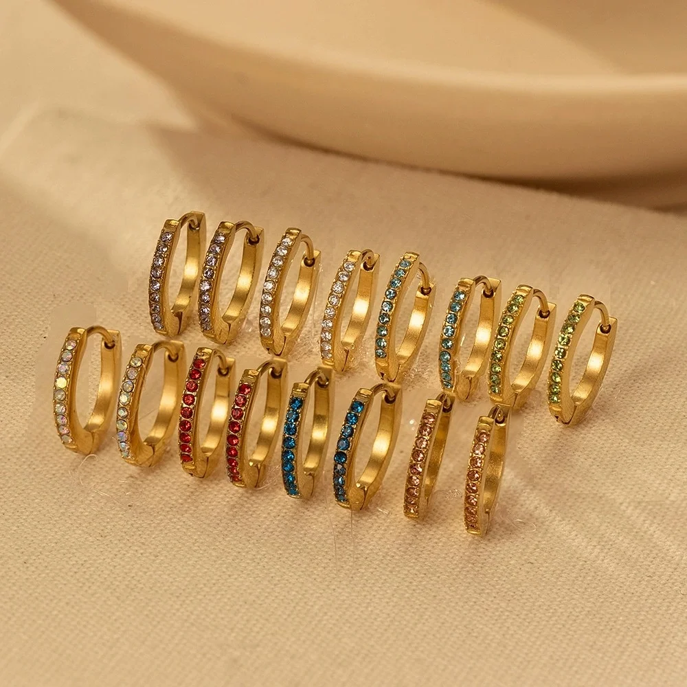 Stainless Steel Hoop Earrings For Women Gold Color Rainbow Blue Red Rhinestone Female Tiny Ear Bone Buckle Stackable Jewelry