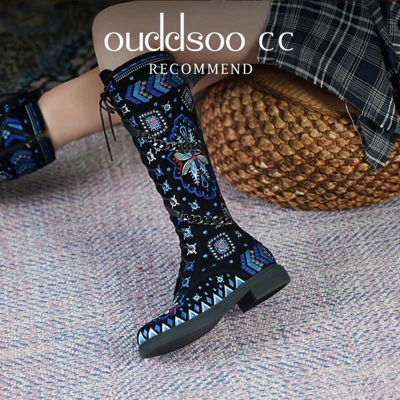 Ods Ethnic Knee High Boots Embroidery Floral Genuine Leather Chunky Long Heel Zipper Botas Mujer Autumn Winter Womens Lady Shoes