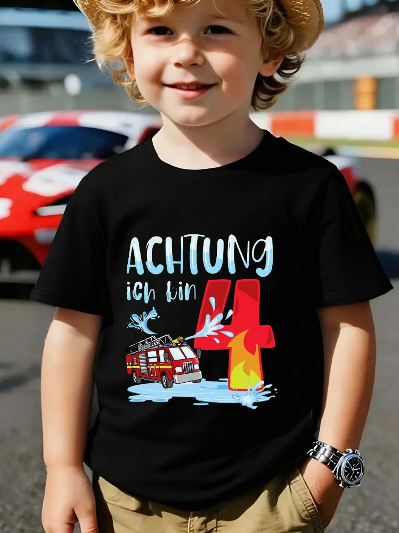 Cute Achtung Ich Bin 4 Fire Truck Print Family Matching T Shirt Boys Girls Short Sleeve Parent Child Soft Cotton Casual Tops