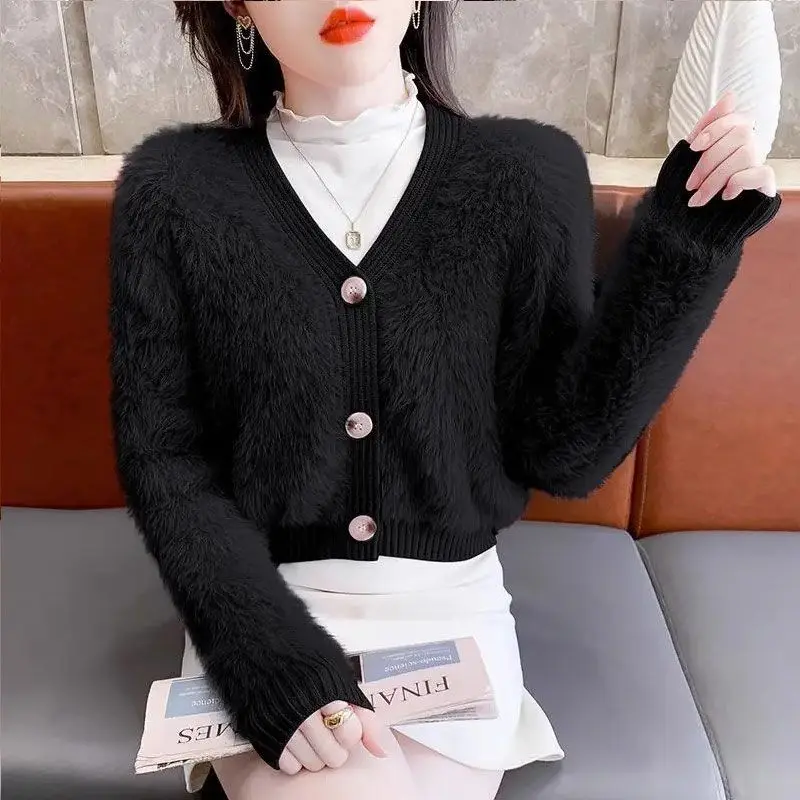 Autumn Winter Women\'s SolidV-Neck Flocked Button Screw Thread Long Sleeve Sweater Knitted Cardigan Coats Fashionable Casual Tops