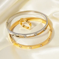 1Set Bangles Rings For Women Stainless Steel Bracklet Jewelry Stylish Cubic Zircon Gold Color Waterproof With Gift Box