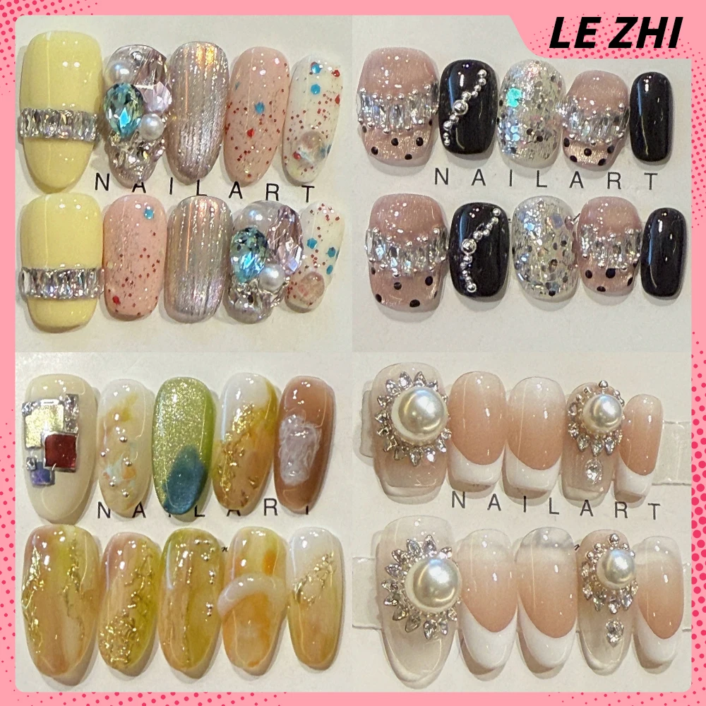 

10Pcs Light Luxury Square Ellipse Handwork Full Cover Nail Diamond Pearl Flowers Butterfly Design Wearable Fake Nail Gift