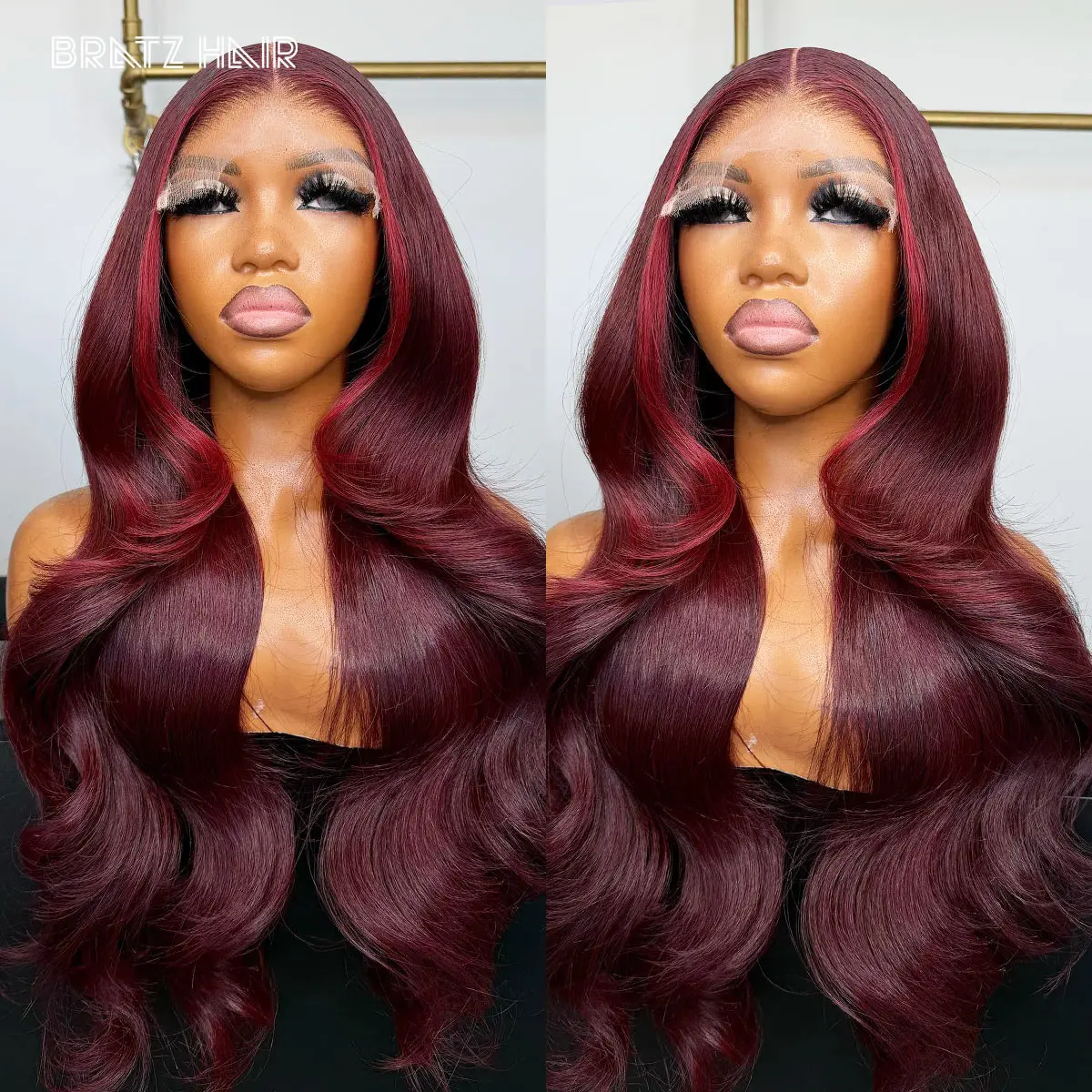 5by5 تسليط الضوء على بورجوندي إغلاق شعر مستعار شعر الإنسان بورجوندي الأحمر تسليط الضوء على شعر مستعار قبل قطعها 13x4 كامل أمامي الجسم موجة غلويليس شعر مستعار