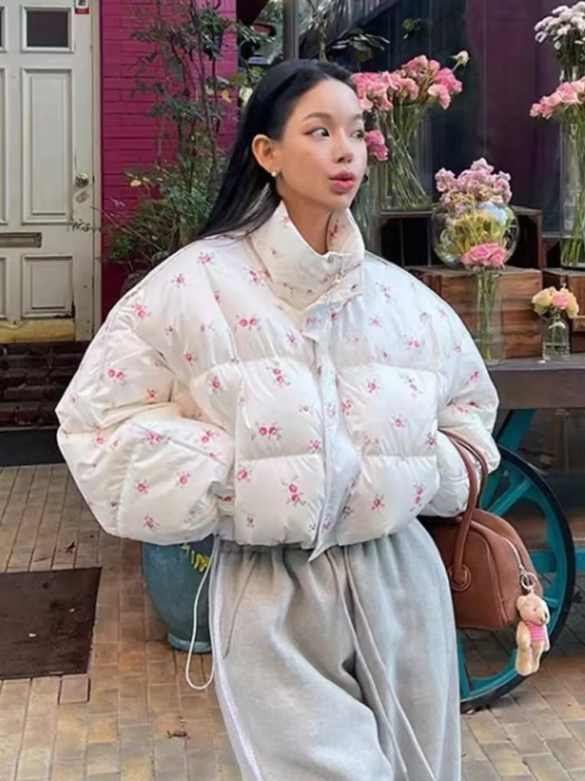 

Fre Floral White Bread Sle Women's Winter Jaet Stand Collar ort Cotton Coat Versatile Sweet Design Commute Length