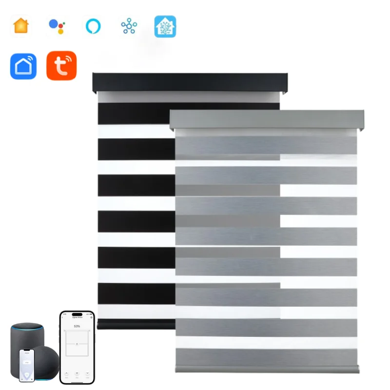 Rapid Production Smart Double Layer Zebra Blinds Tuya Smartlife App Wifi Timing Battery Charge Control Zebra Shades For Home
