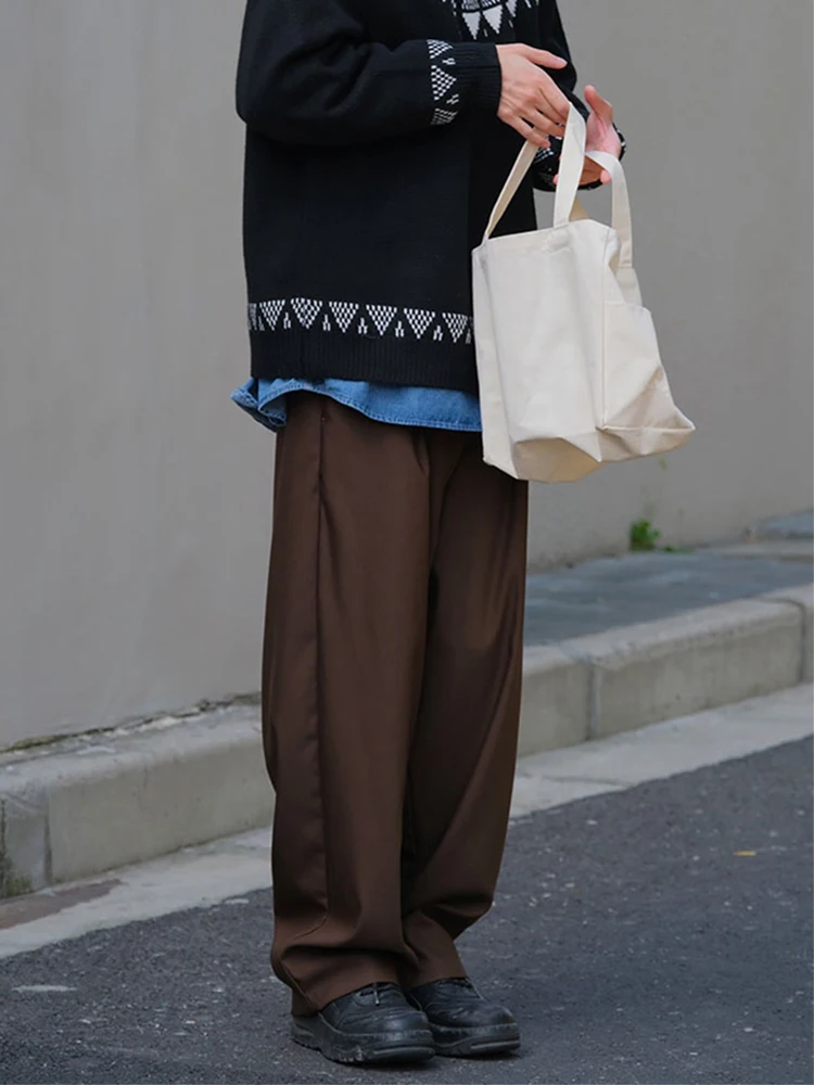 streetwear trendy mens 솔리드 컬러 바지 2025 봄 여름 패션 Pleated Loose Straight Pants 남성 캐주얼 단순 정장 바지