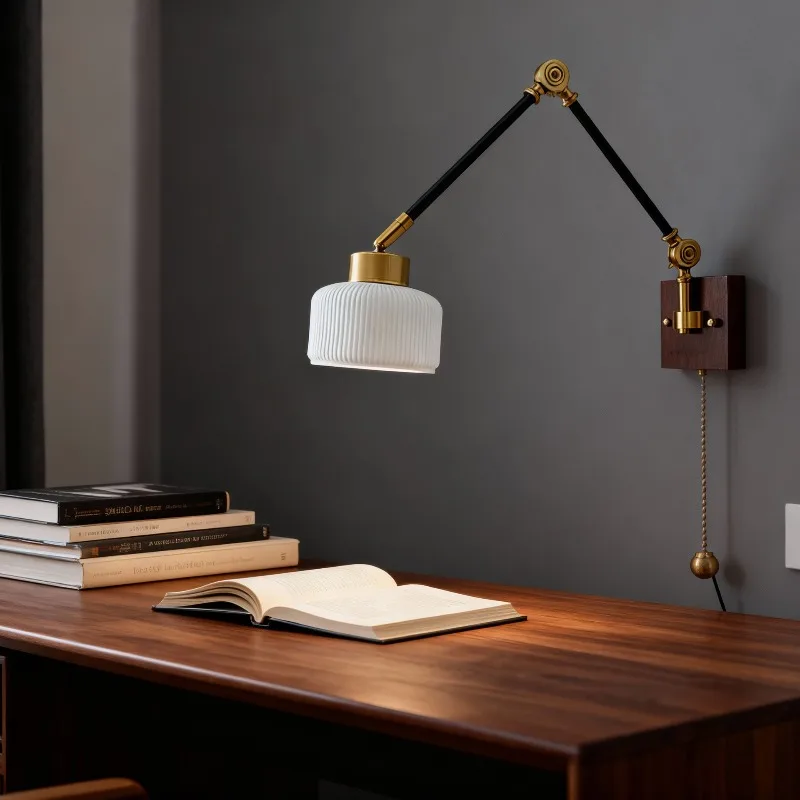 Scalable Walnut Nordic Retro Bedroom Headboard Wall Lamp with Foldable Arm Featuring A Traditional Japanese Reading Wall Sconces