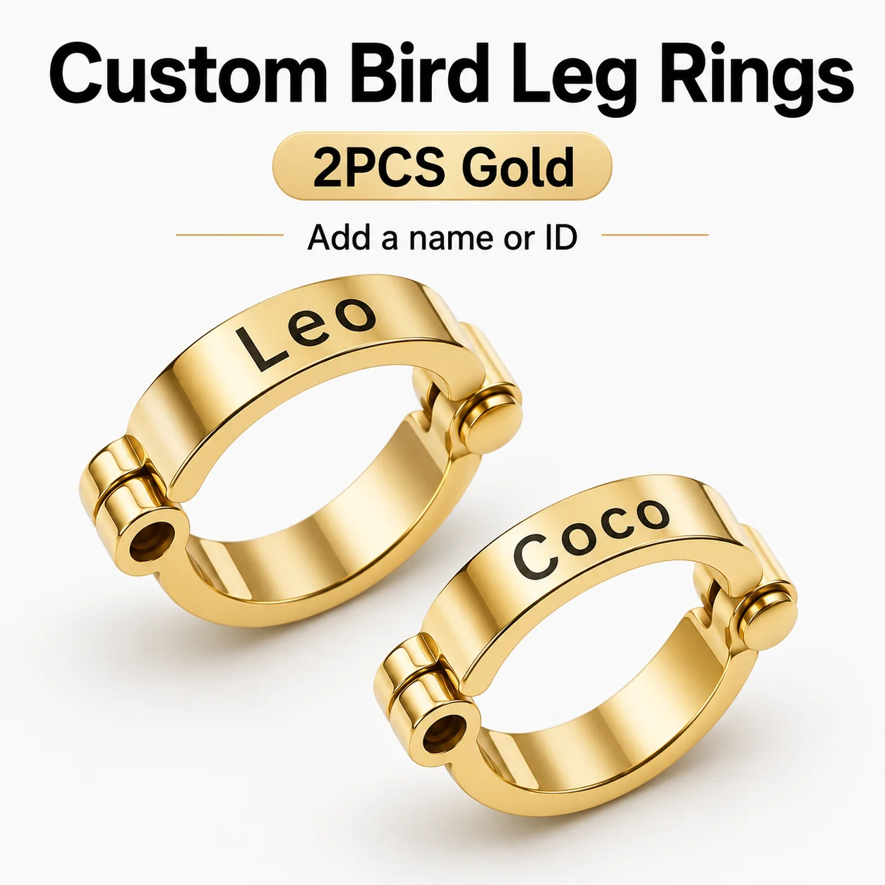 2Pcs Gold Bird Foot Rings, Customizable with Name or Serial Number, Bird Foot Rings (Suitable for Small, Medium, and Large Bird Training), Bird Training Tools, Bird Behavior Adjustment Supplies, Durable Construction, Secure Fit Rings, Reinforced Rings, for Pet Bird Enthusiasts
