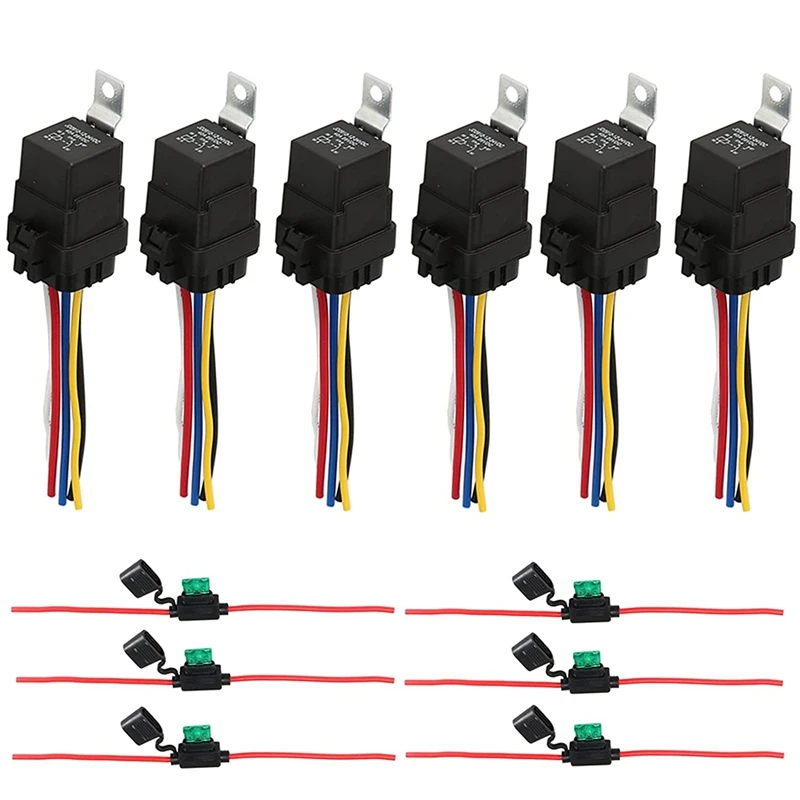 Relay 12V DC 5-PIN Waterproof With Harness 40/30 AMP & Inline Fuse Holder - Heavy Duty 12 AWG Tinned Copper Wires (6)