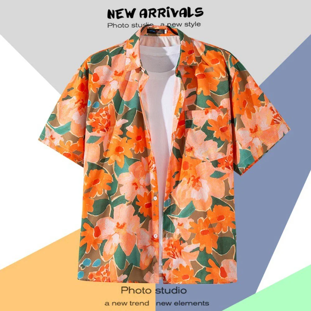 Kemeja Hawaii pria, kerah kancing cetak lengan pendek baju bunga Retro Hong Kong liburan musim panas kemeja pantai