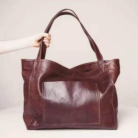 Large Capacity Bag with Pockets Soft Leather Handheld One Shoulder Vintage Oil and Wax Leather  2023 New Tote Bag for Women