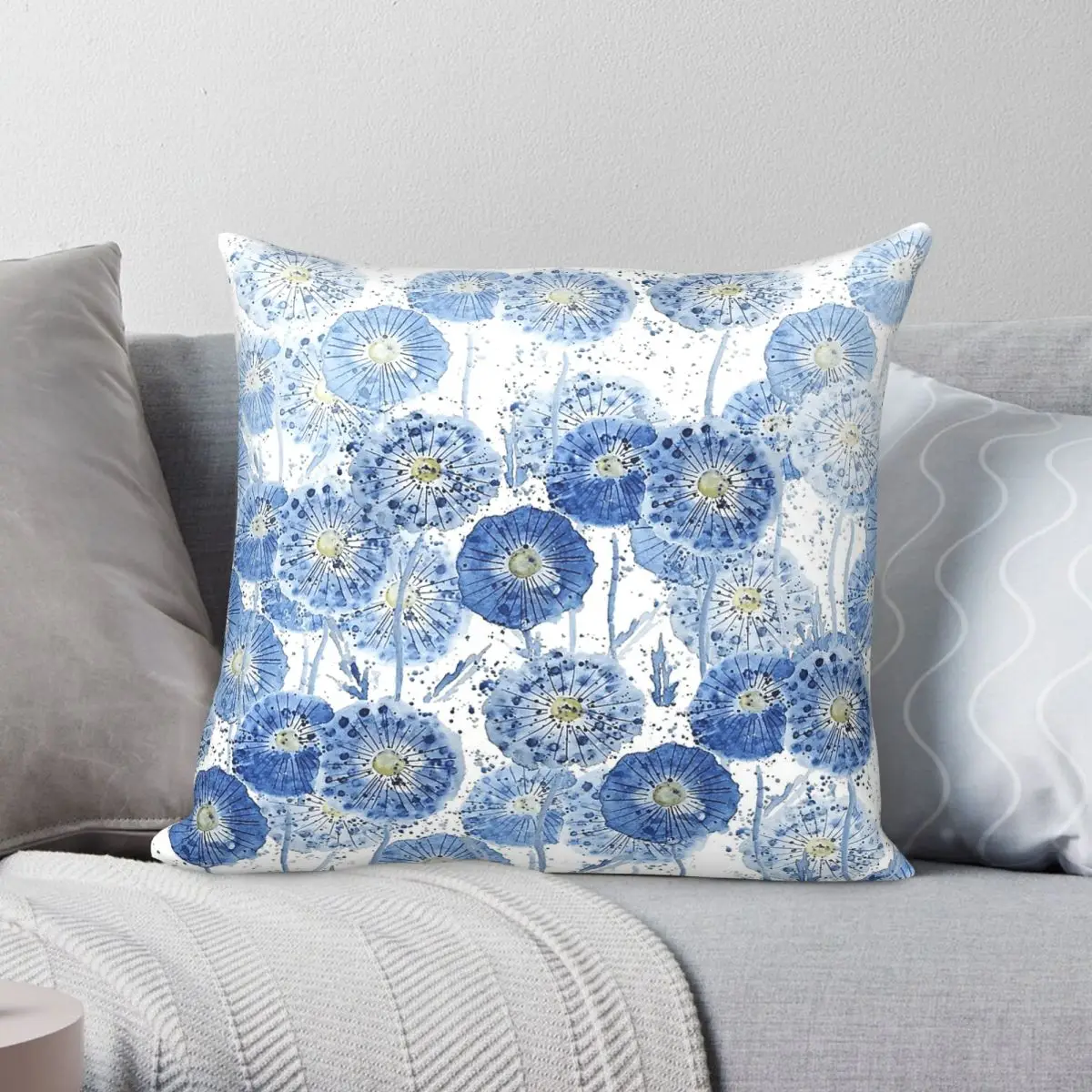 Indigo Dandelion Square Pillowcase Polyester Linen Velvet Pattern Zip Decorative Car Cushion Cover
