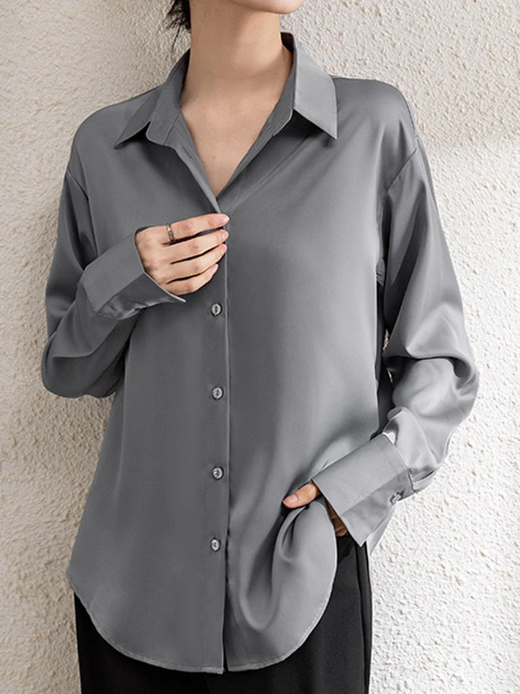 Camicia da donna in raso argentato moda elegante top OL camicetta da pendolare allentata Versatile 2024 autunno New Simple Lady Lazy Style Blusas