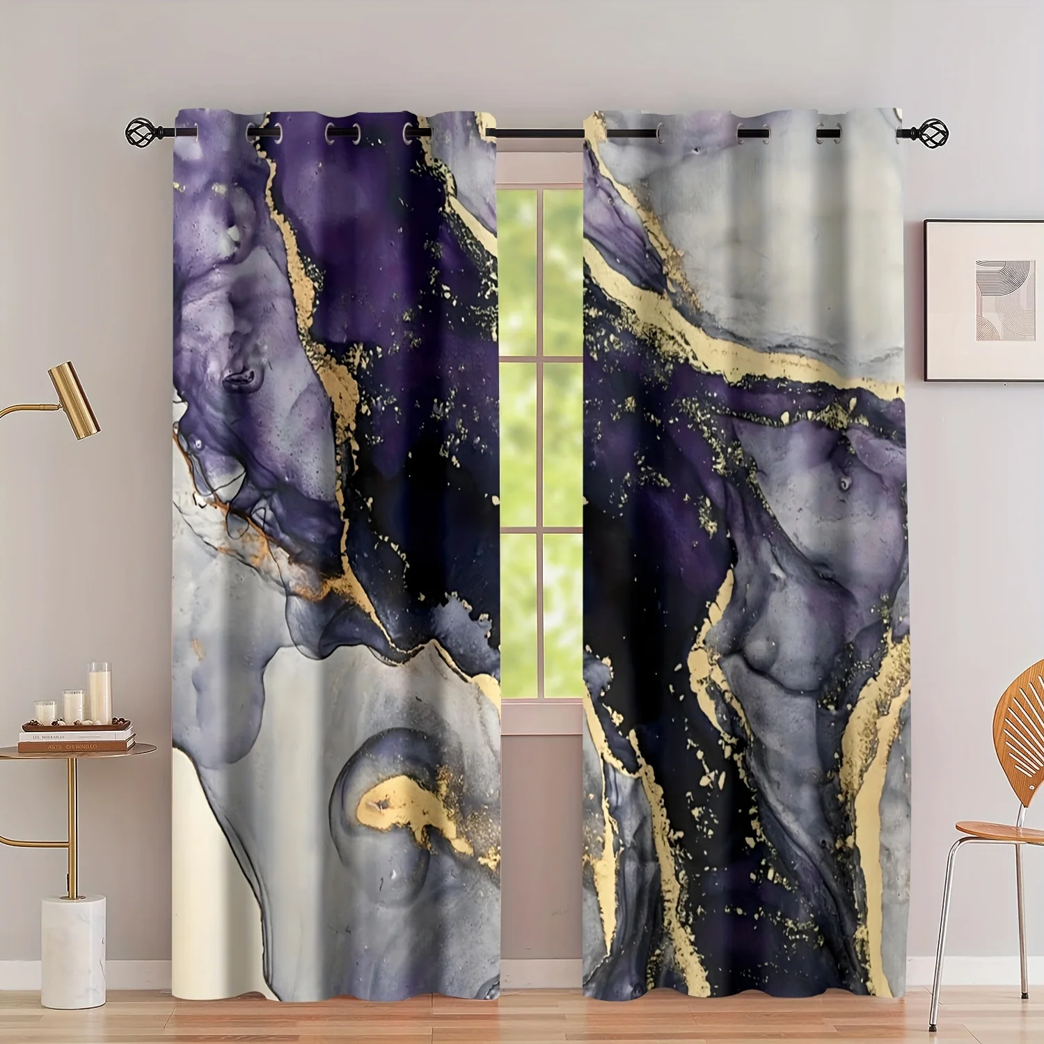 

2panels Nordic Golden Leaf Marble Digital Printing Curtain Grommet Top Curtain Living Room Bedroom Kitchen Office Home Decor