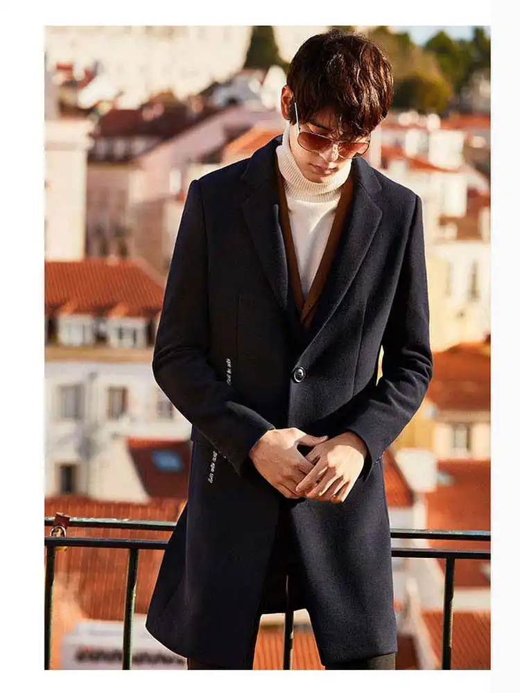 

Men's Winter Thi Warm Wool Coat Medium Length Slim Fit Tweed Jaet Busin Casual Faion Urban Sle Single Button