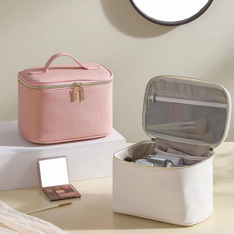 PU Lychee Pattern Leather Makeup Bag Women Large Capacity Handheld Cosmetic Bags Portable Travel Storage Toilet Bag