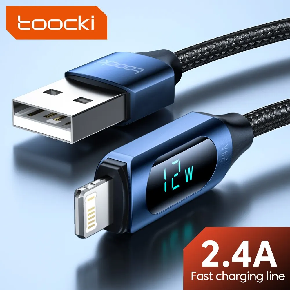 Toocki Wyświetlacz LED Kabel USB Do iPhone 14 13 12 11 Pro Max Szybka Ładowarka Oświetlenie 2.4A Przewód USB X XR 8 7 1m 2m