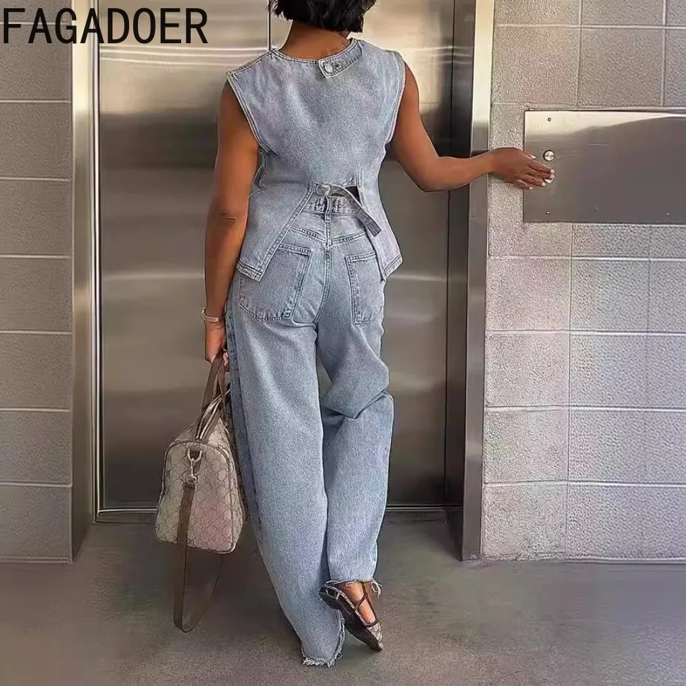 FAGADOER Blue Autumn Solid Color Denim Two Piece Sets Women Round Neck Sleeveless Loose Top And Wide Leg Pants Outfit Streetwear