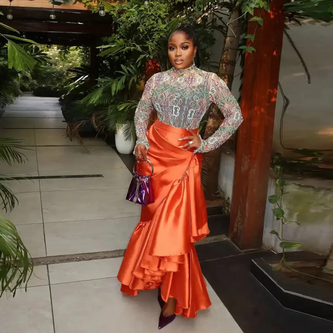 تنورة امرأة أنيقة بسحاب عالي الخصر بطول الأرض تنورة طويلة حورية البحر مع تنورة برتقالية ثنيات طراز جديد للسيدات