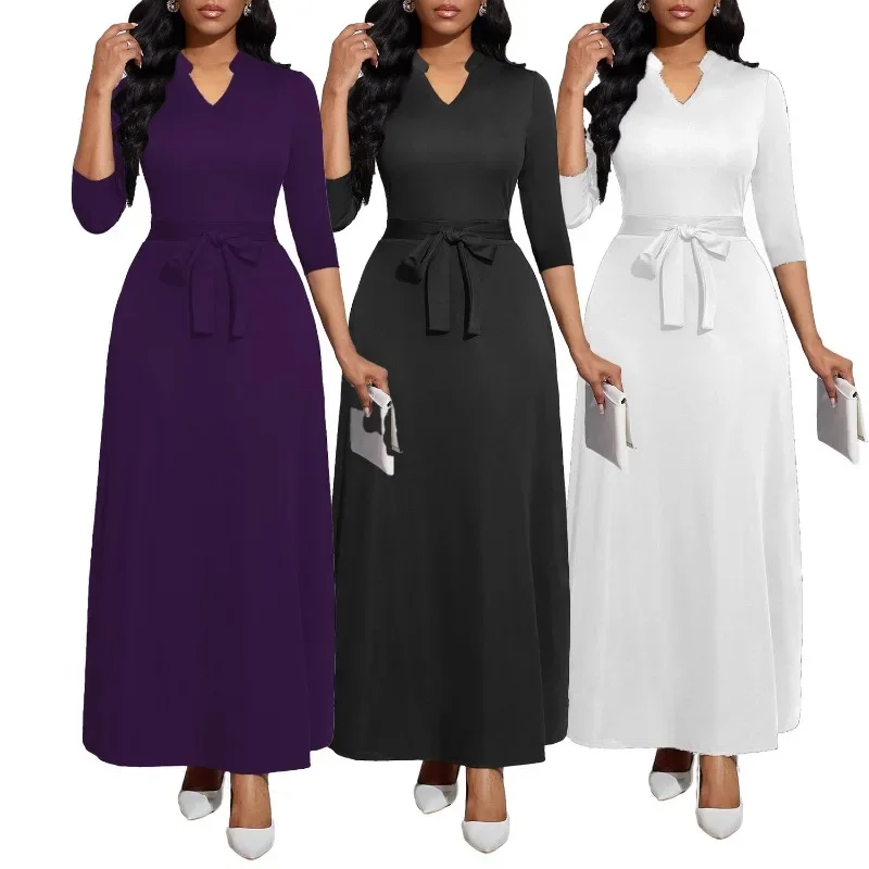 Luxury Soft Woman Clothing High Stretch Vacation Wrap Dress Summer Women 3/4 Sleeve Vintage Belt Dress Wrap Long Dress