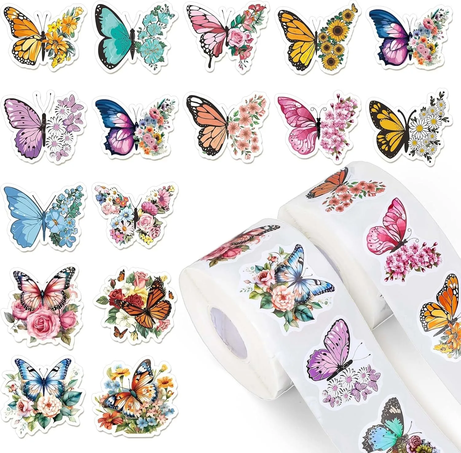 500Pcs /1 Rolls 3.8cm/1.5 inch Butterfly Flower Shaped Sticker Decoration Gift Box Sticker Label Stationery Sticker