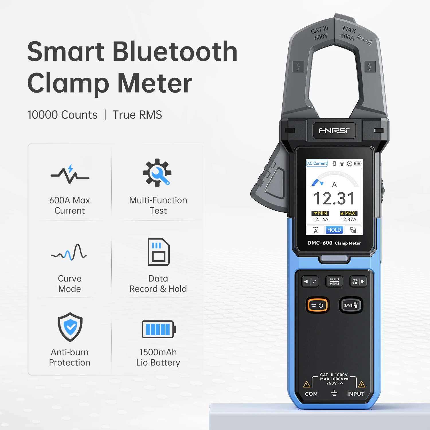 FNIRSI DMC-600 Bluetooth Digital Clamp Meter 600A True RMS 10000 Counts NCV Multimeter with Curve Data Record Anti-Burn