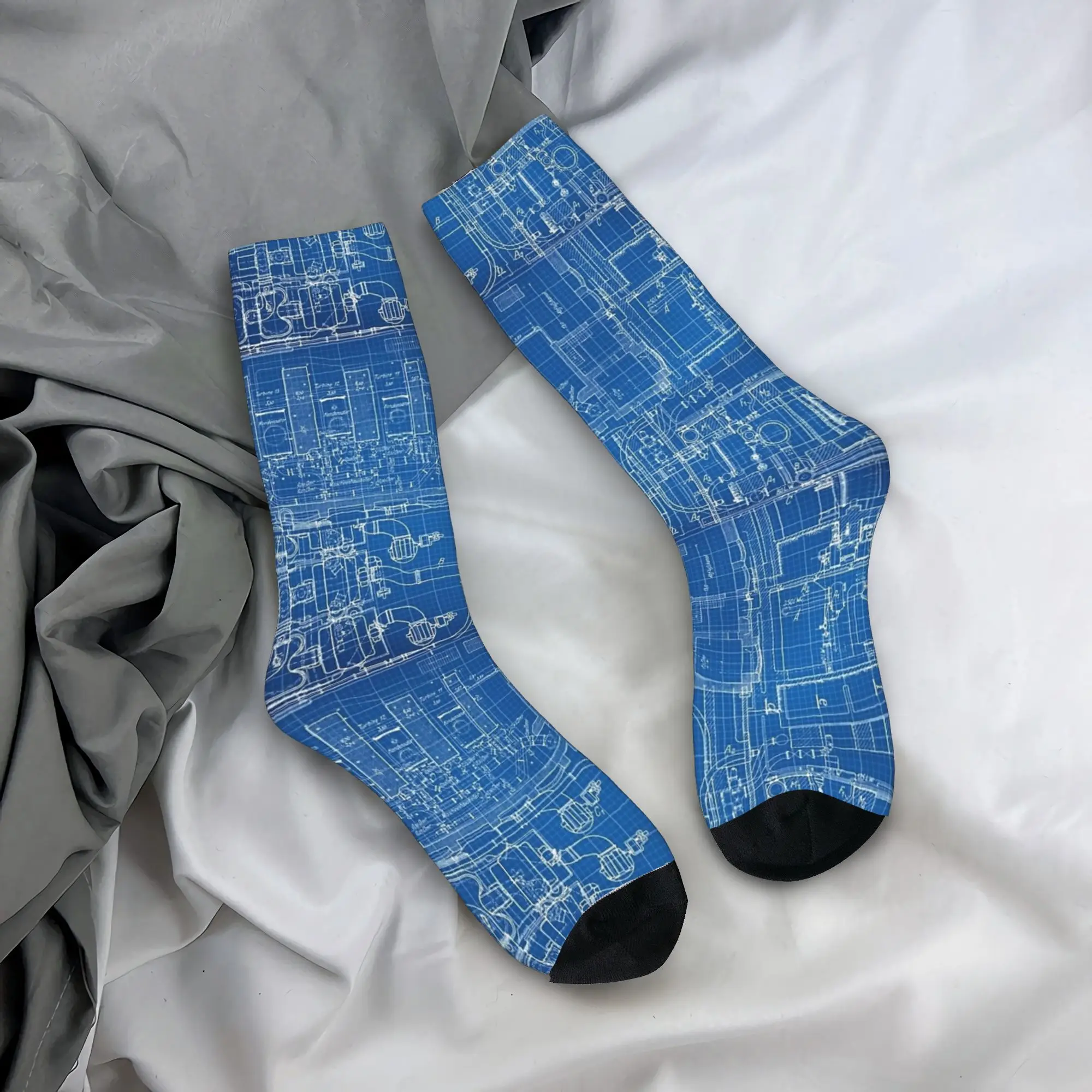 Adults Men Socks Engineering Blueprints  Stockings Winter Trendy Breathable Socks Graphic Climbing Anti Bacterial Socks