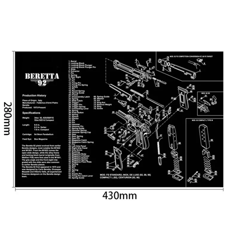 280x430mm Gun Cleaning Rubber Mat With Parts Diagram Instructions Mouse Pad For 1911 Glock HK USP M92 P220 226