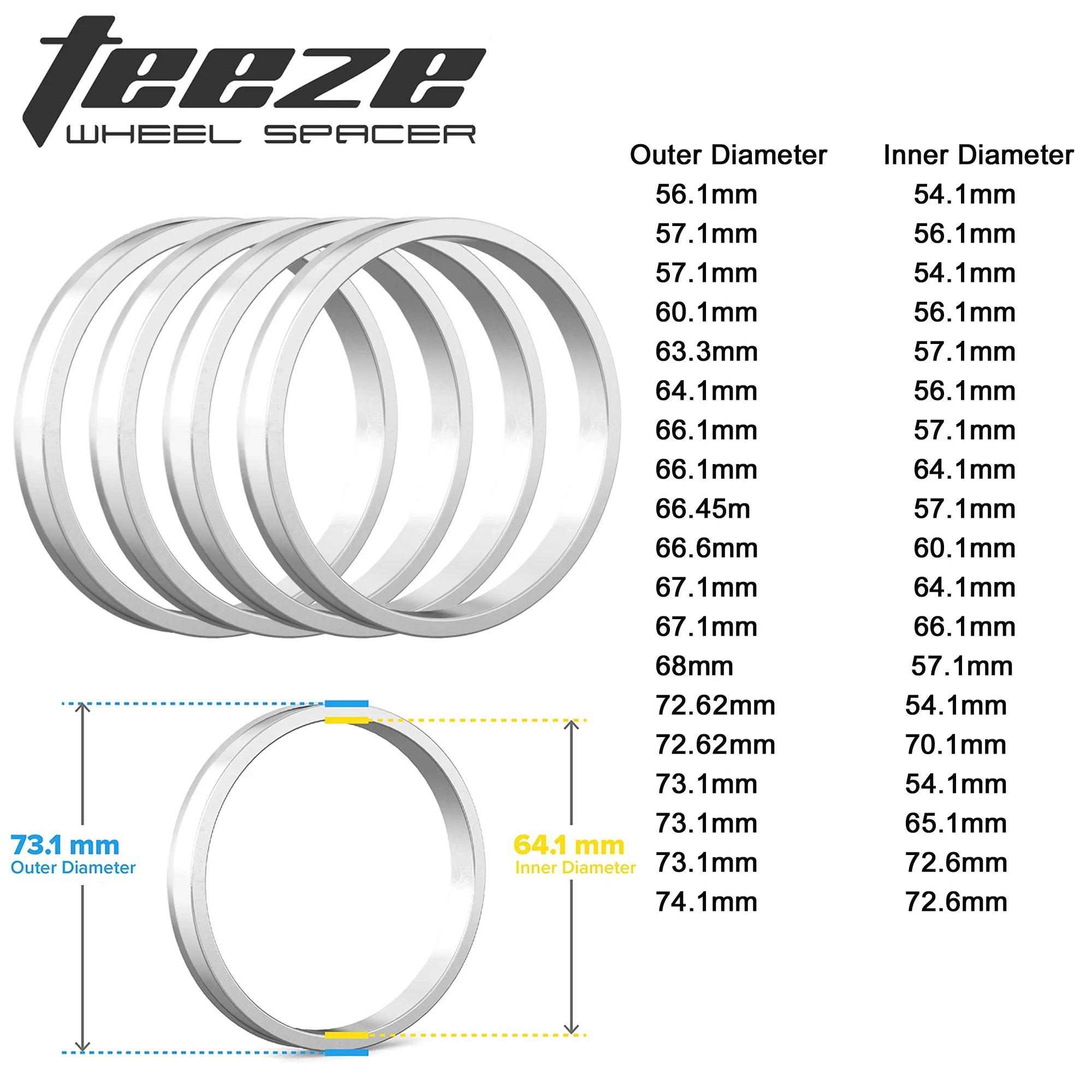 TEEZE 4pcs OD 56.1mm 57.1mm 63.4mm to ID 54.1mm 56.1mm 64.1mm Car Hub Centric Rings Wheel Bore Center Spacer Aluminum Alloy