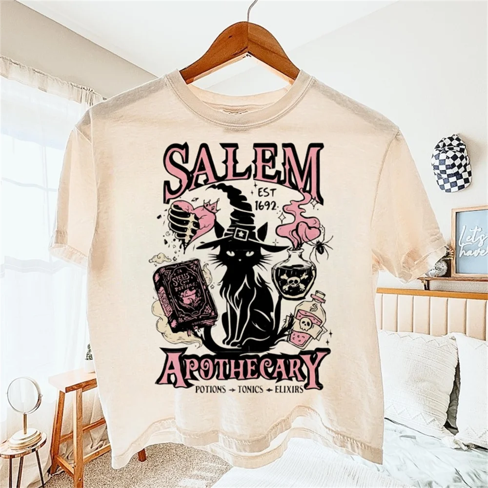 

Printed Retro Women's Cartoon Witch Black Cat Pattern T-Shirt Regular Versatile Fun Cute White Top Women's Casual T-Shirt