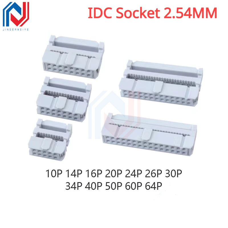 10Pcs IDC Socket 2.54MM Pitch 6P 8 10 16 20 26 30 34 40 50 60 64Pin FC 2.54 Female Double Row Ribbon Cable Connector Gray White