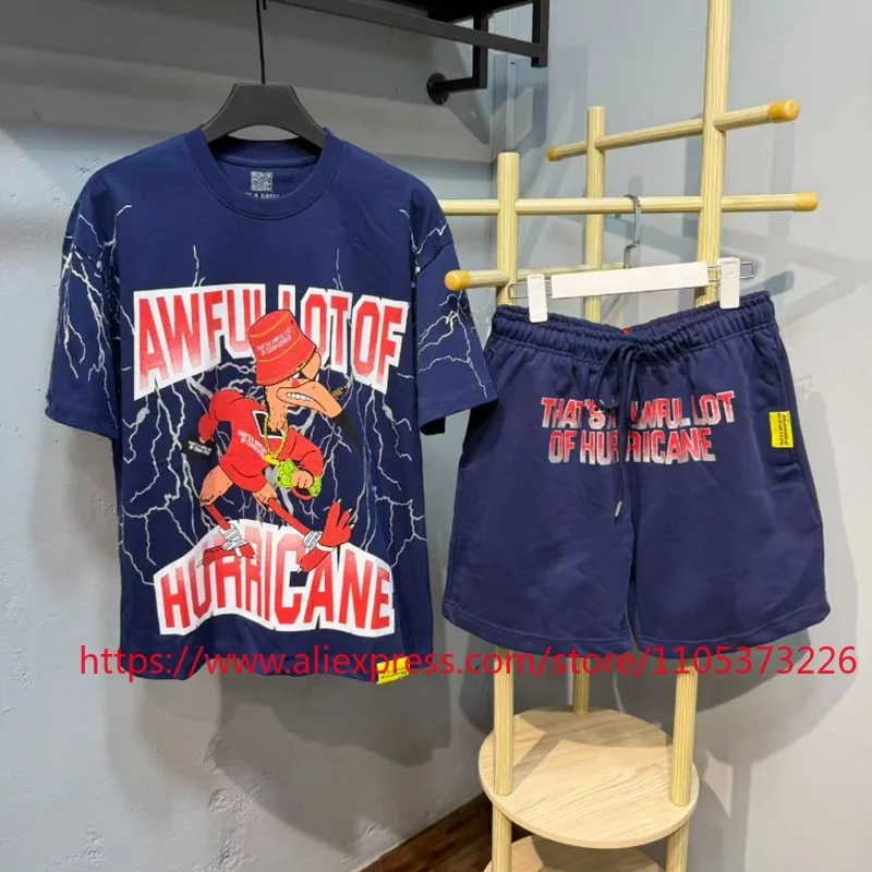 

New That's A Awful Lot of Cough Syrup Men's Navy Lightning T-Shirt and Shorts Set with Hurricane Cartoon Graphic