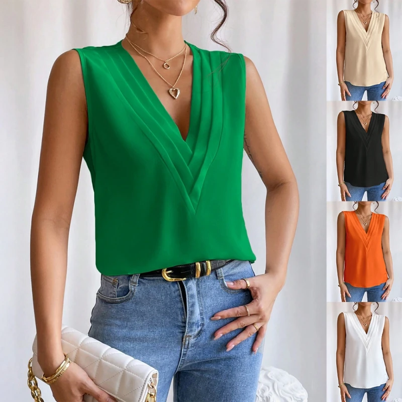 

2024 Summer Womens Tops New Multi-Layered V-Neck Solid Color Vest Leisure And Versatile Comfort