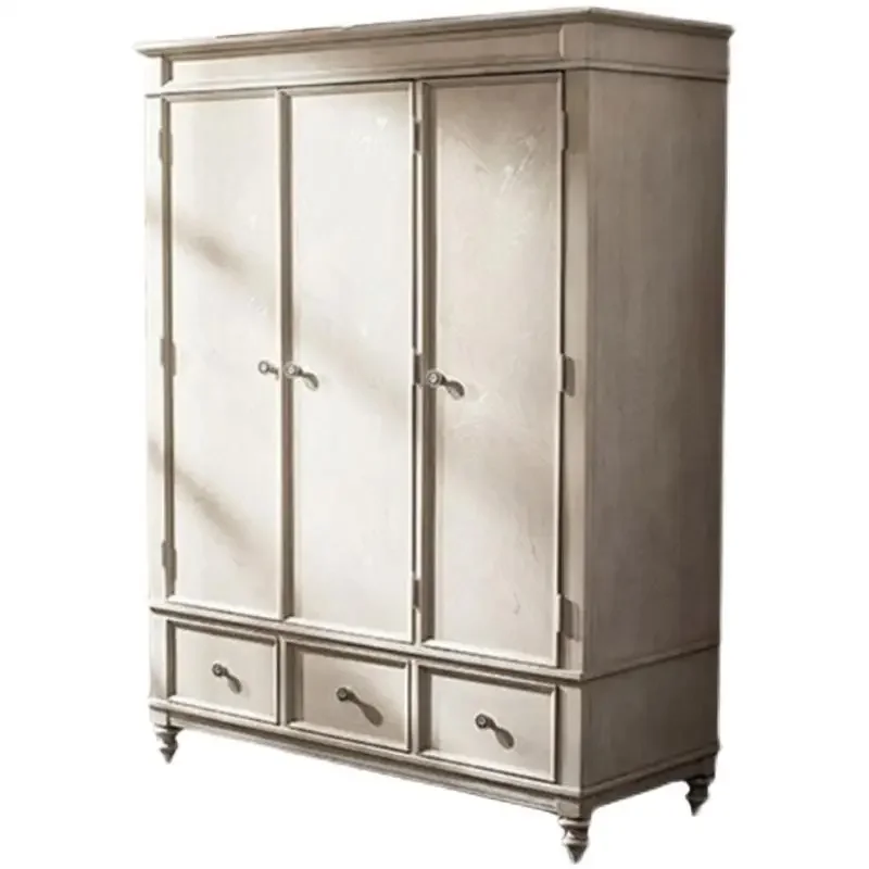 

American Country Solid Wood Wardrobe Bedroom Large Cabinet Locker Vintage White Hanging