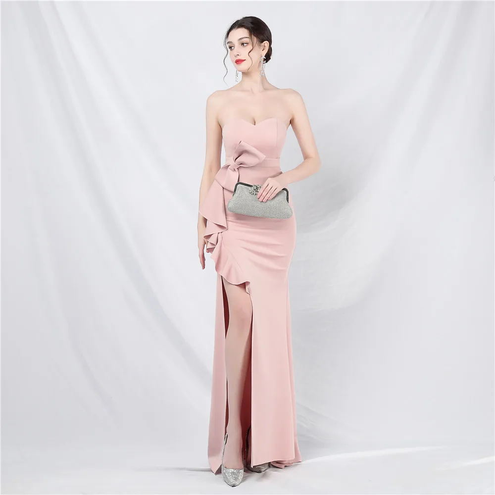 Sladuo Women Elegant Sexy Strapless Maxi Cocktail Dress With Bow Ruffles Split Evening Celebrity Club Dresses image 5