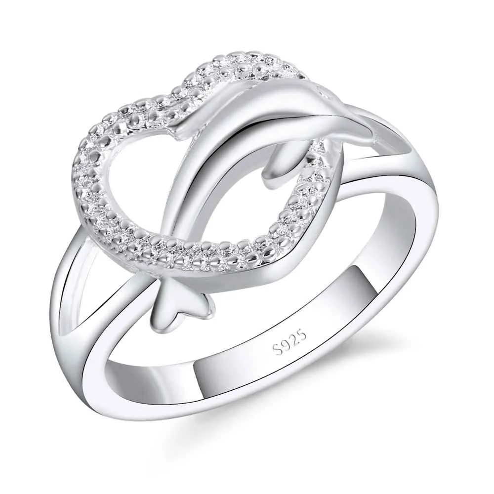 925 Sterling Silver Heart & Dolphin Hollow Creative Jewelry Engagement Wedding Rings for Women Ladies