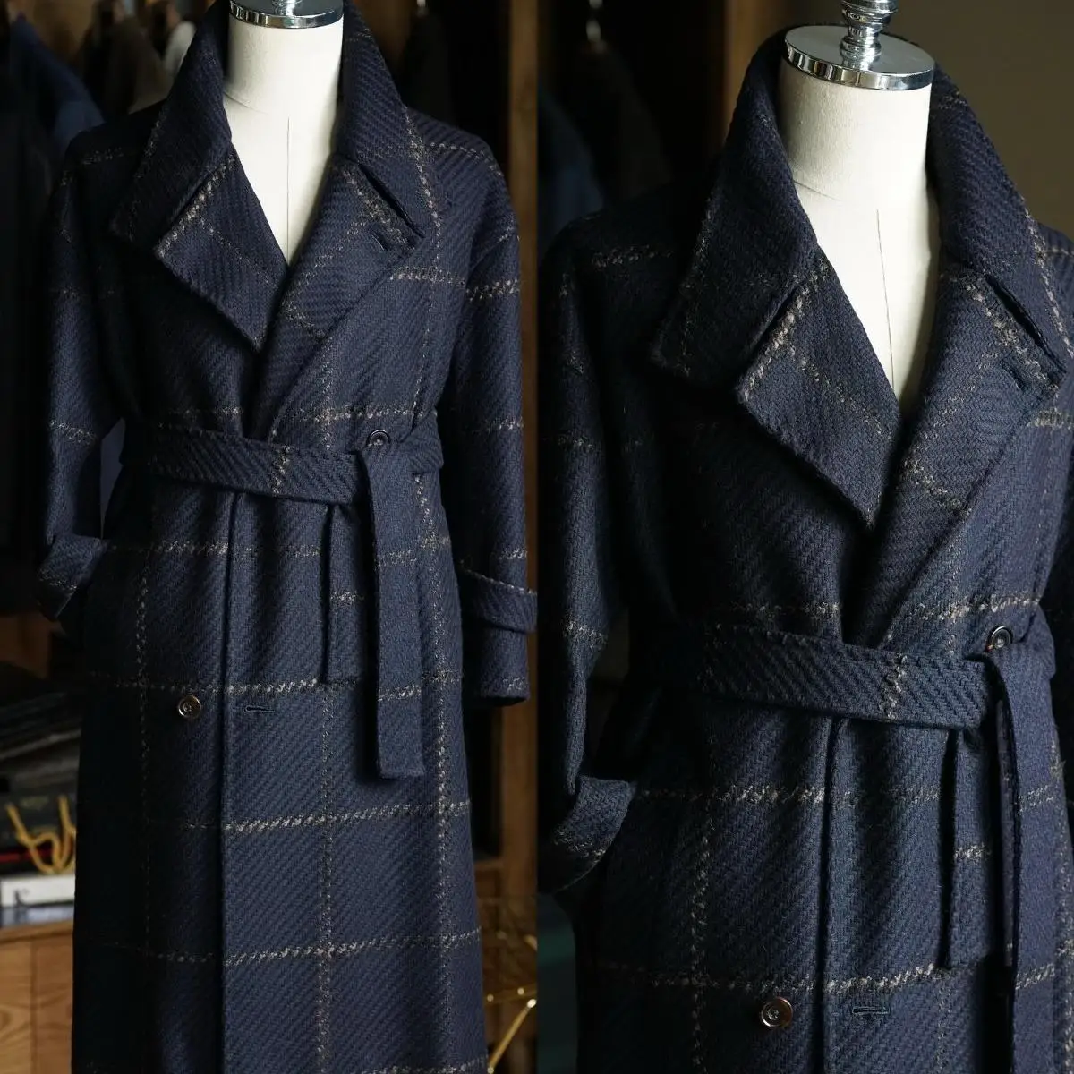 Luxury Plaid Navy Men's Coat Wool Trench Coat Party Prom Groomsman Customized Formal Long Overcoat E26350