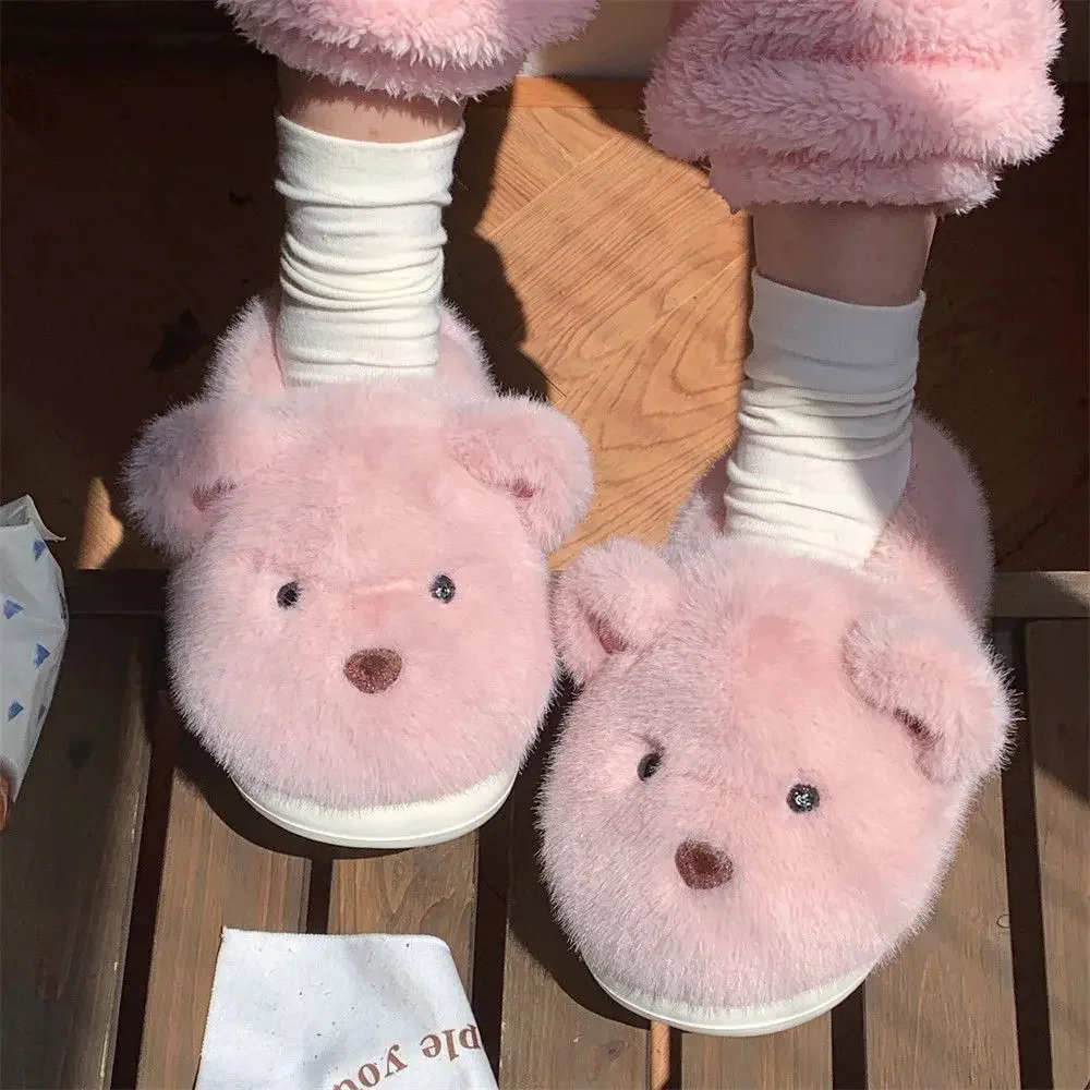 

Cute bear home warm cozy couple cotton slippers winter men and women girl heart ins plush shoes indoor home fashion