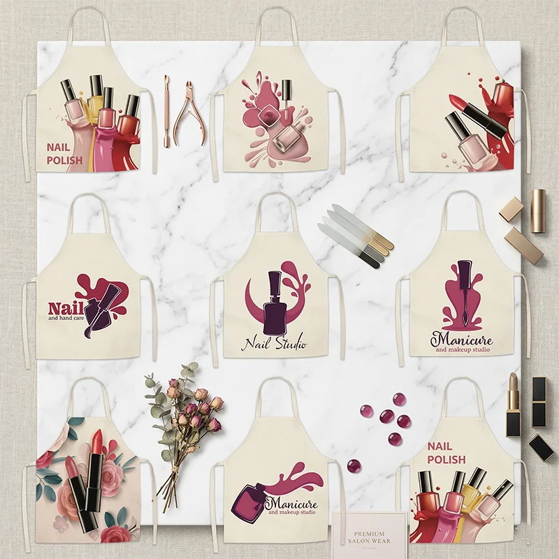 

Nail Polish Print Kitchen Apron Women Professional Beauty Salon Manicure Studio Uniform Makeup Artist Smock Linen Bib Tablier