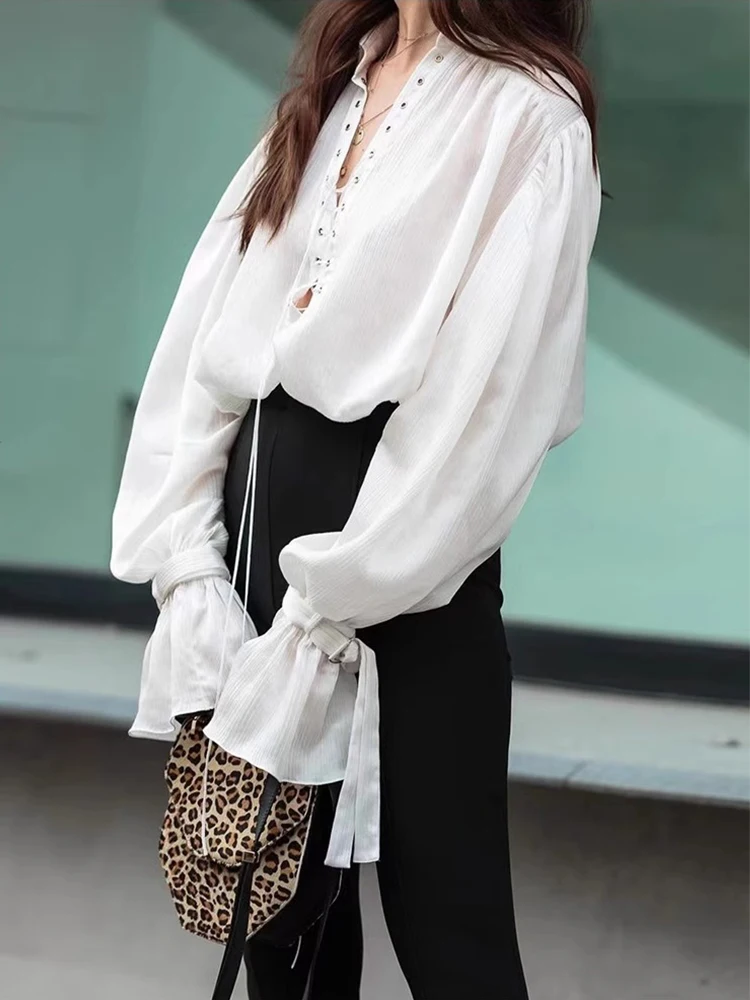 

White Bell Sleeve Shirt Women's V-neck Design Sense Tie Fashion White Shirt Top Spring Summer New Arrival Loose Fit Long Sleeve