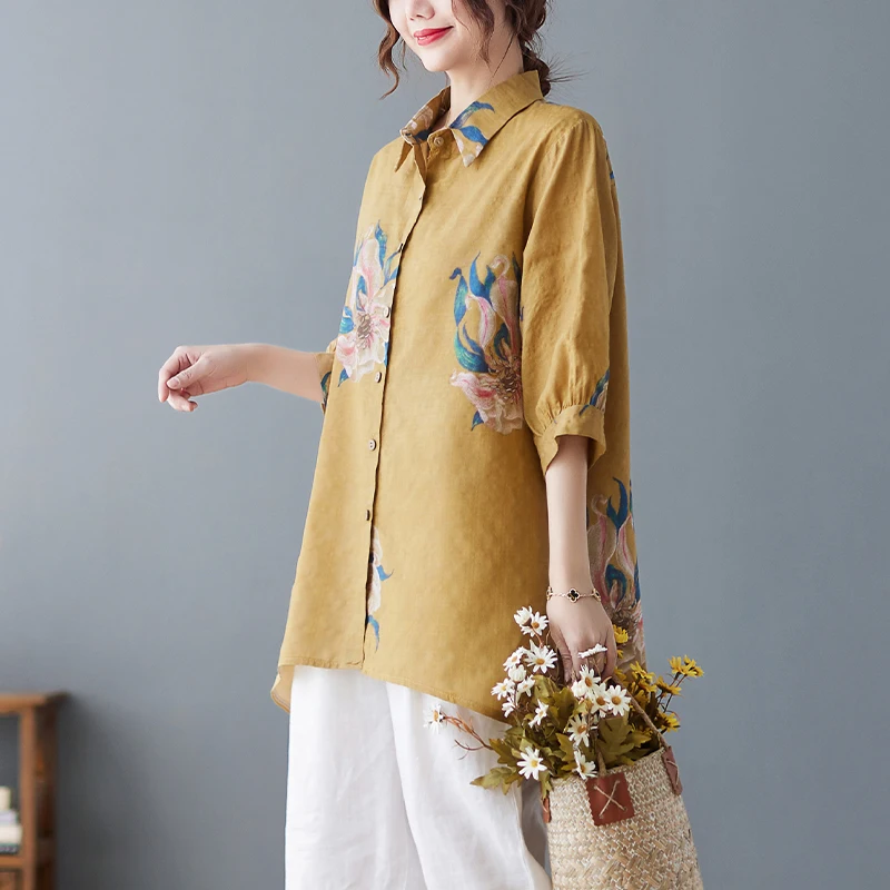 Sli 大きいサイズ レディース レトロ コットンリネン プリント サマー ルーズ ミディ丈トップ トレンド 韓国風 スレカラー 五分袖...