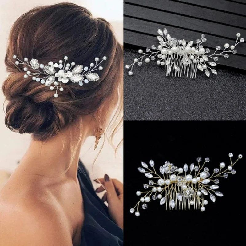 Silver Color Pearl Crystal Wedding Hair Combs Hair Accessories for Bridal Flower Headpiece Women Bride Hair Ornaments Jewelry