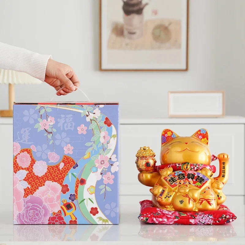 8.46 Inch Ceramic Maneki Neko Gold Porcelain Lucky Fortune Cat Chinese Feng Shui Decoration Beckoning Cat Waving Arm