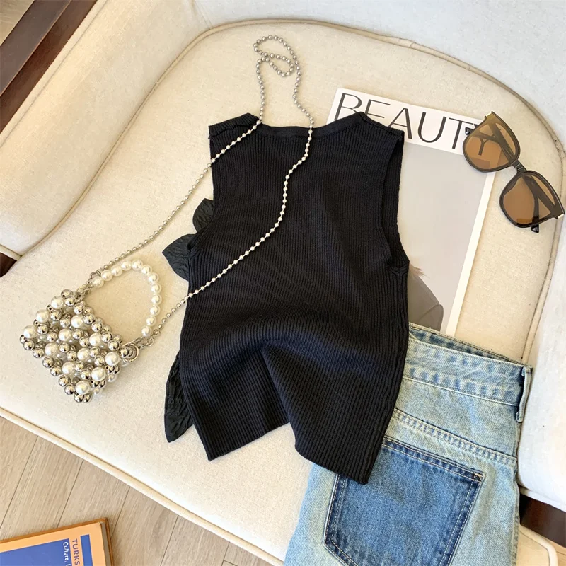 Stylish Sexy Knit Sweater Vests Women Stereo Flower Crop Tops Knitwear 2024 Summer Sleeveless O-neck Fashion Chic Ladies Jumpers