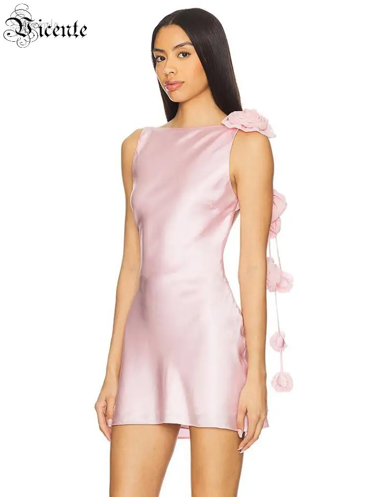 

VC 2026 Pink Fashion Glamorous Satin sleeveless Sundress Mini Dress with Rose Shoulder Embellishments Sexy Open Back Design