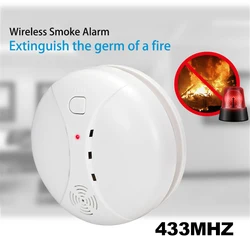 Preço de fábrica sem fio 433mhz sensor fogo alta decibel branco detector fumaça para wifi gsm escritório sistema de alarme segurança em casa